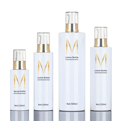 Toptan 120ml 200ml 250ml 500ml Yuvarlak Kozmetik Vücut Mist Atomizer Plastik Sprey Losyon Temizleme İçin Altın Üst Şişe